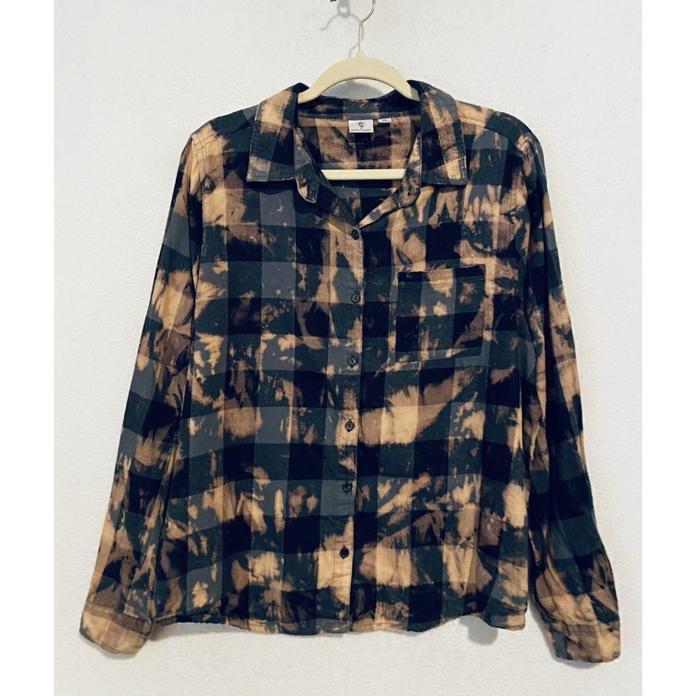 Betty Boop Top Womens Medium Black Bleached Plaid Flannel Motorcycle Boho Grunge